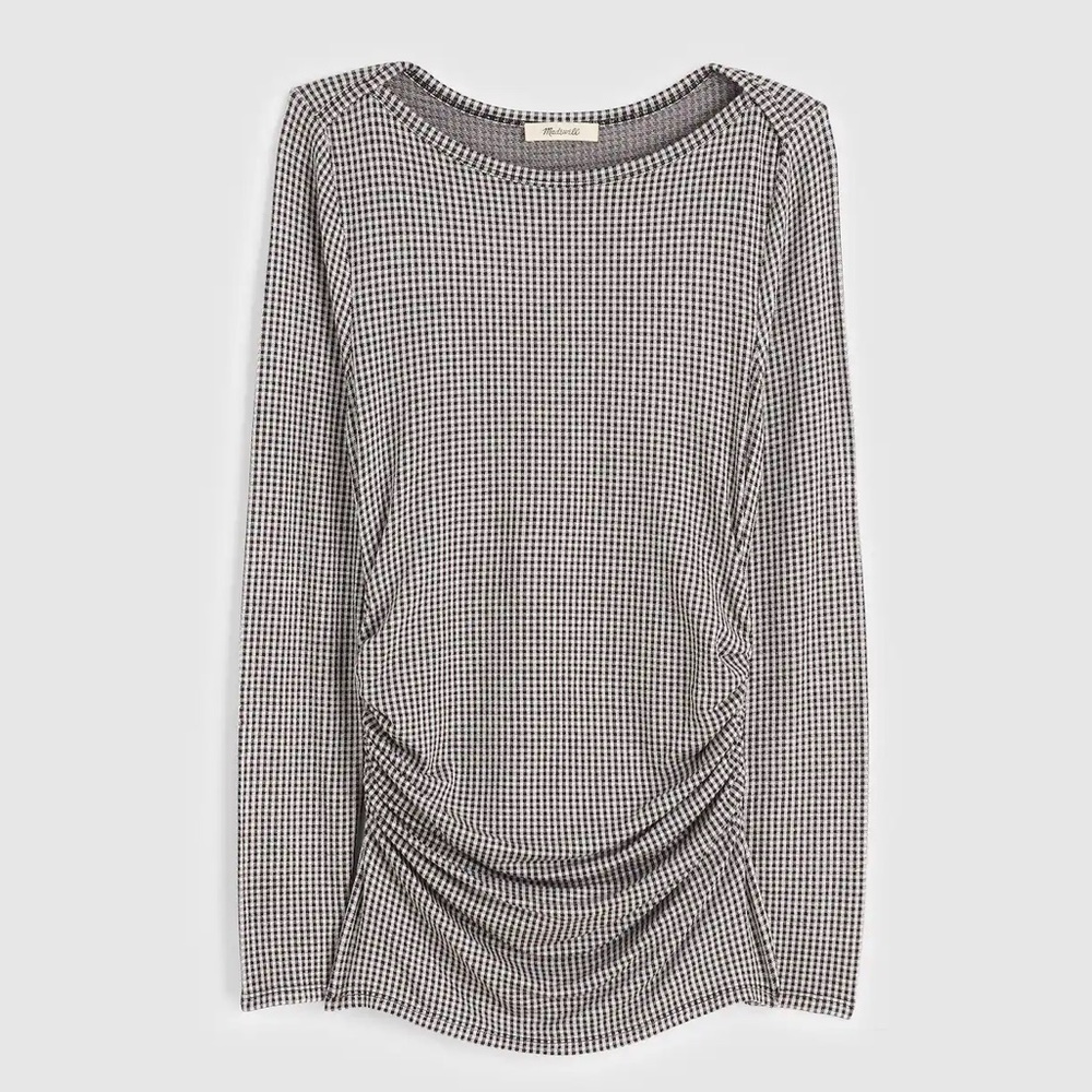 NWT Madewell Women's Ruched Crewneck Long-Sleeve Black and White Houndstooth Top - Picture 6 of 13